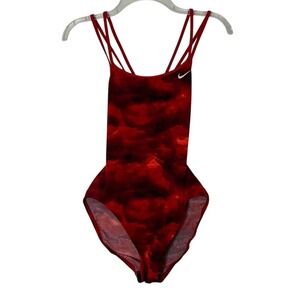 Nike Women Red Black Abstract Cloud Print Crossback One Piece Swimsuit Size 34 8